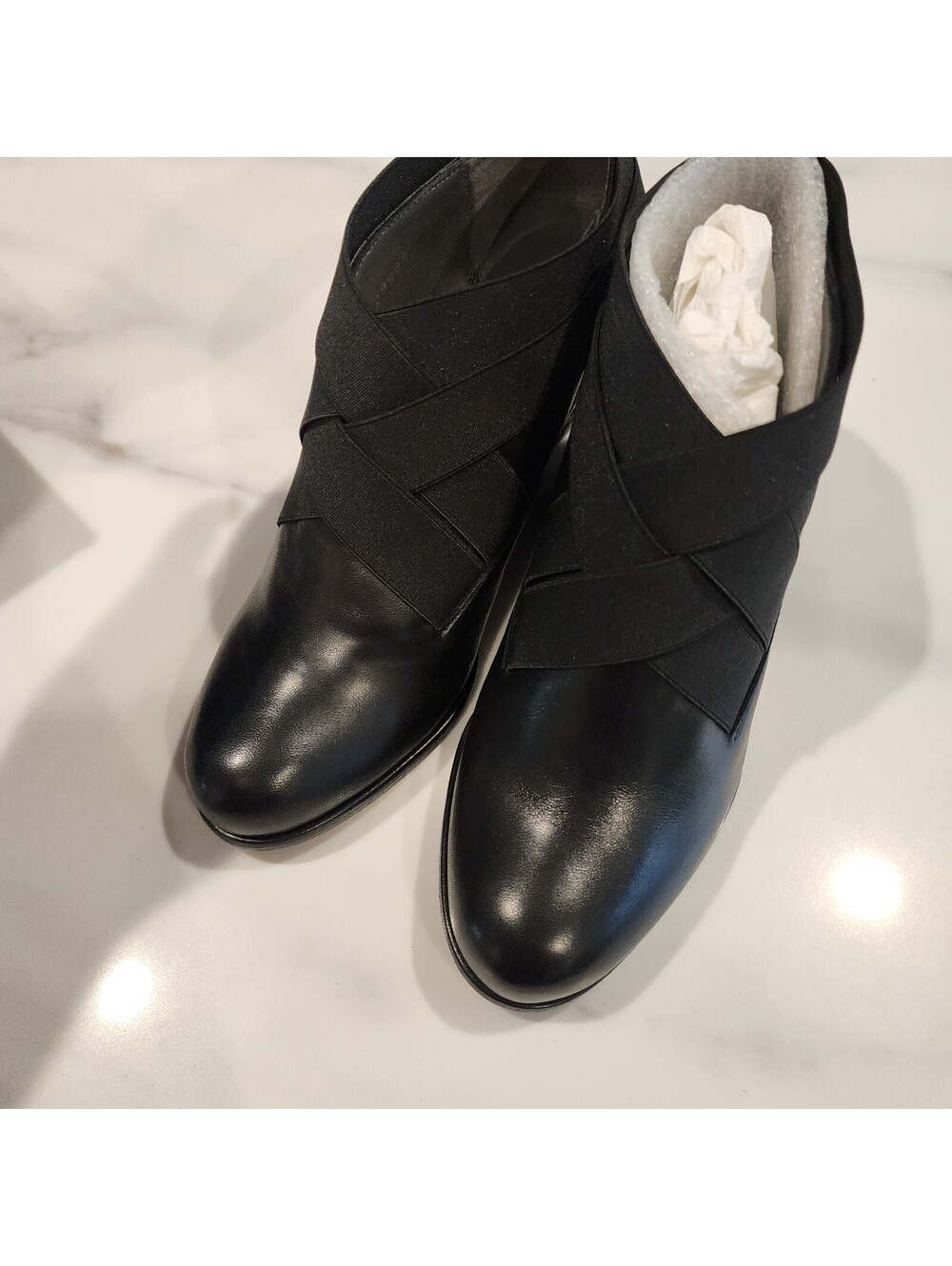 New Stuart Weitzman Black Leather Wedge Ankle Boots with Elastic Detail 6.5 W - Picture 4 of 6
